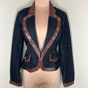 The Jeanius Look Randolph Duke Jean Jacket 6 Womens Denim Leather Trim Dark Wash